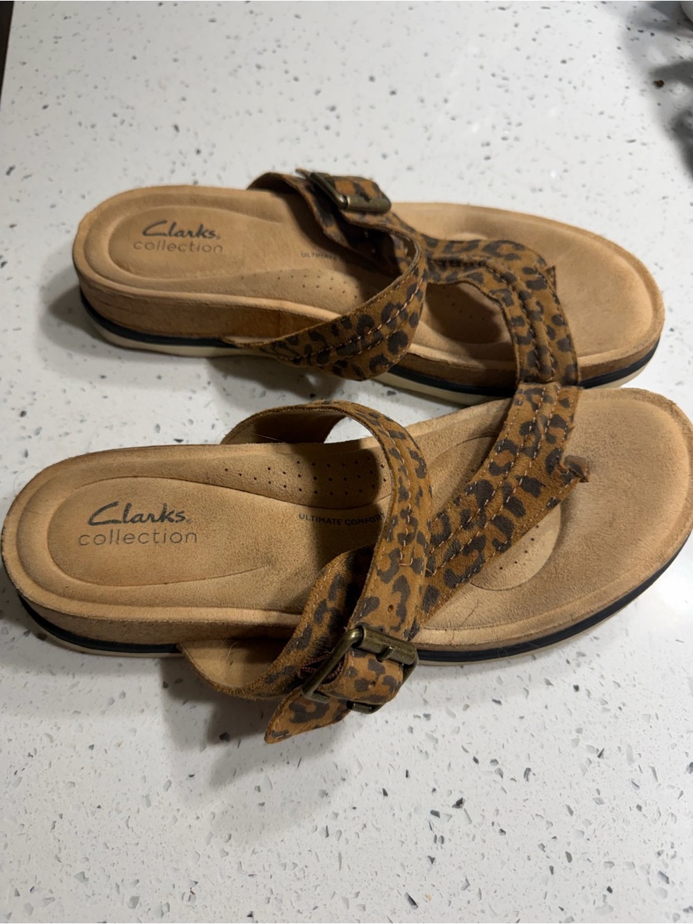 Clarks Tan Leopard-Print Slide Sandals